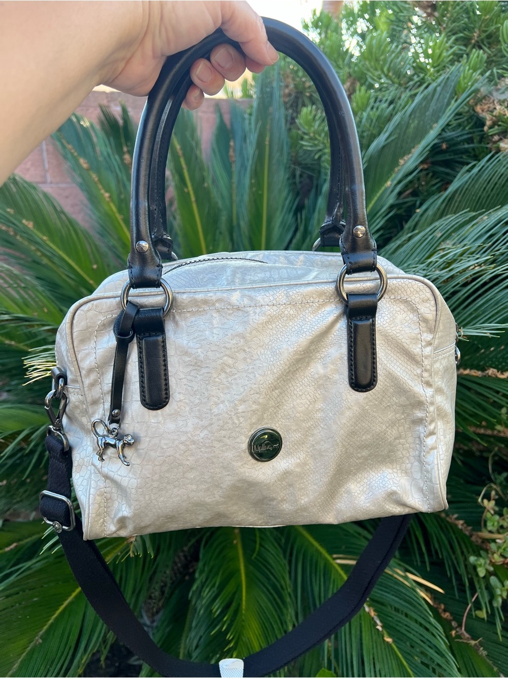 Kipling Metallic Cream Satchel with Black Handles
